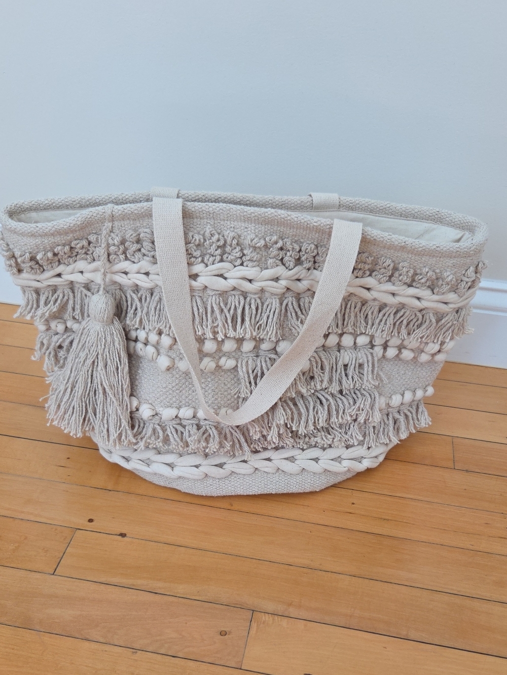 Boho Fringe Woven Tote Bag - Cream
